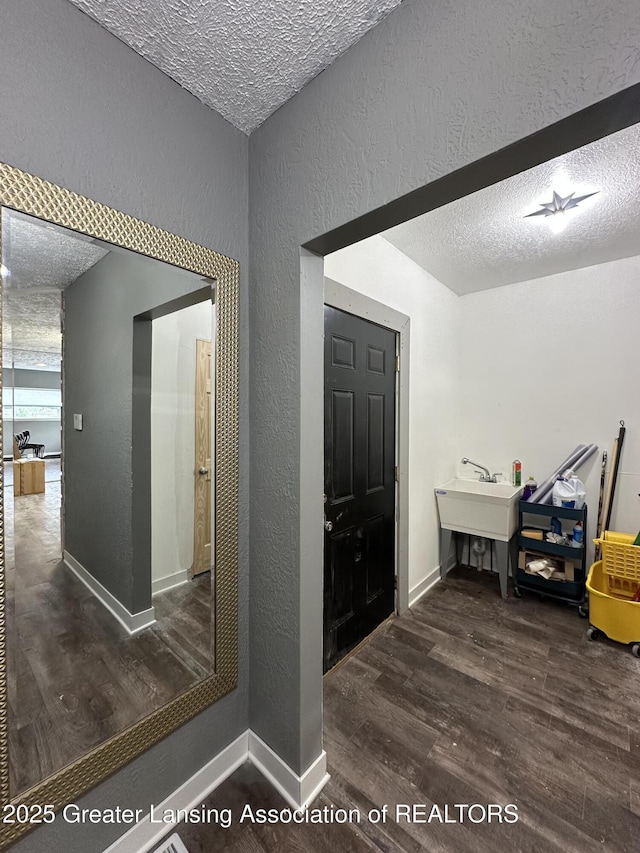 600 E Cavanaugh Rd, Lansing, MI 48910 - hallway featuring a textured ceiling, a textured wall, wood finished floors, baseboards, and a sink