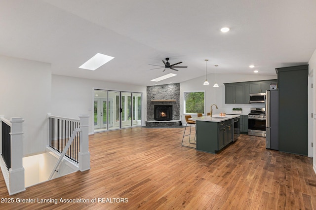 6420 Clise Rd, Bath, MI 48808 - kitchen with stainless steel appliances, a kitchen bar, open floor plan, light countertops, and wood finished floors