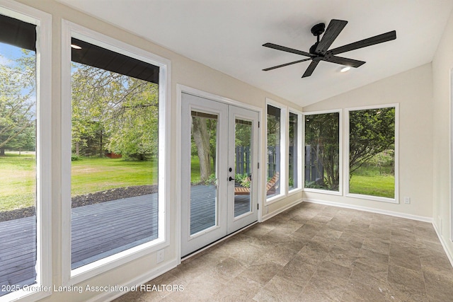 6420 Clise Rd, Bath, MI 48808 - unfurnished sunroom featuring french doors, vaulted ceiling, and baseboards