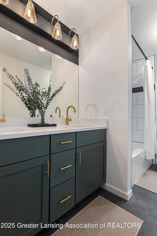 6420 Clise Rd, Bath, MI 48808 - full bathroom with double vanity, baseboards, and shower / bathtub combination with curtain