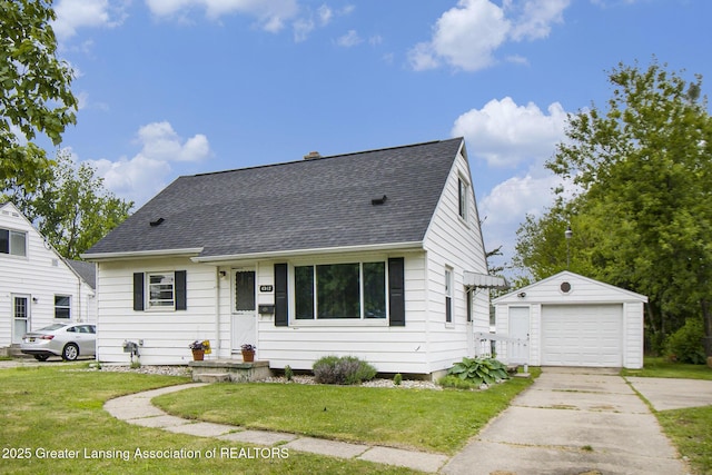 4512 Alpha St, Lansing, MI 48910 - cape cod house with an outbuilding, driveway, roof with shingles, a front lawn, and a garage