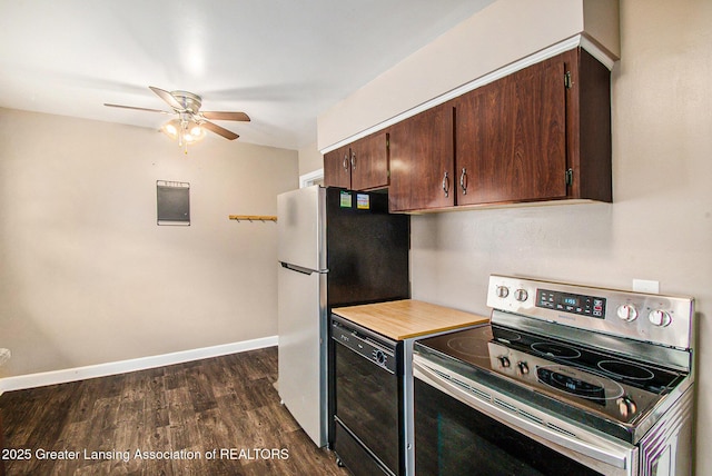 4512 Alpha St, Lansing, MI 48910 - kitchen with appliances with stainless steel finishes, a ceiling fan, dark brown cabinetry, dark wood-style floors, and baseboards