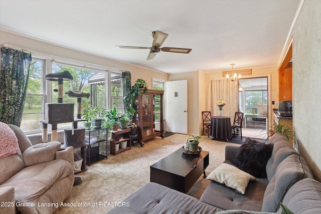 3105 Allen Ln, Harrison, MI 48625 - carpeted living area with a chandelier and a ceiling fan