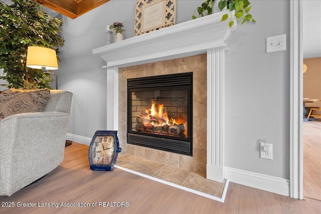 4582 N Watson Rd, Elsie, MI 48831 - detailed view of a tiled fireplace, wood finished floors, and baseboards