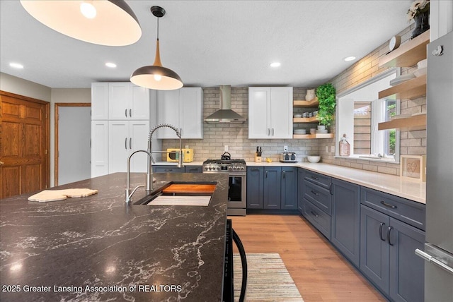 4582 N Watson Rd, Elsie, MI 48831 - kitchen featuring open shelves, wall chimney exhaust hood, gas stove, tasteful backsplash, and a sink