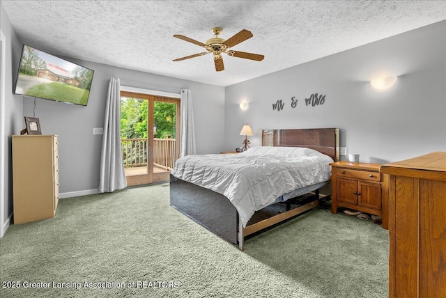 4582 N Watson Rd, Elsie, MI 48831 - bedroom featuring access to exterior, light carpet, a textured ceiling, ceiling fan, and baseboards