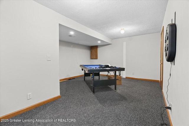 4582 N Watson Rd, Elsie, MI 48831 - playroom featuring billiards table, baseboards, recessed lighting, carpet, and a textured ceiling