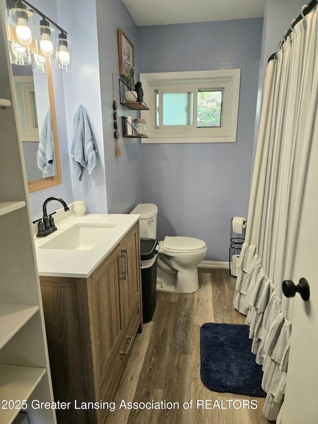 3066 S Canfield Rd, Eaton Rapids, MI 48827 - full bathroom featuring wood finished floors, vanity, toilet, and baseboards