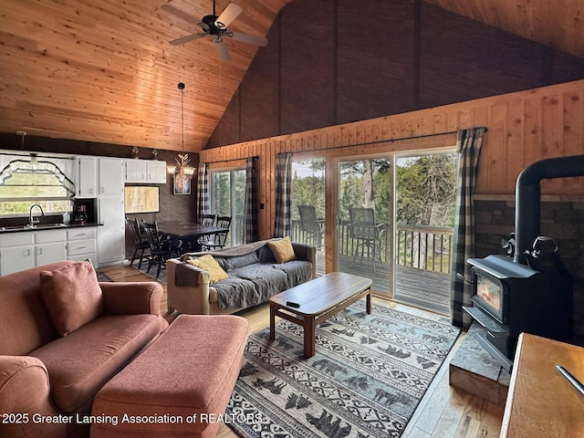 2623 Timberlane Trl, Grayling, MI 49738 - living area featuring wood ceiling, high vaulted ceiling, a wood stove, wooden walls, and ceiling fan
