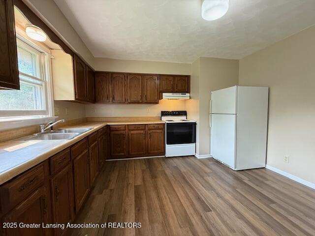 207 Wight St Unit 209, Elsie, MI 48831 - kitchen featuring white appliances, under cabinet range hood, a sink, and wood finished floors