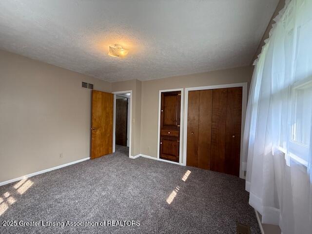 207 Wight St Unit 209, Elsie, MI 48831 - unfurnished bedroom featuring baseboards, carpet flooring, a textured ceiling, and multiple closets