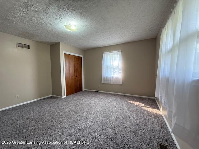 207 Wight St Unit 209, Elsie, MI 48831 - unfurnished bedroom featuring a textured ceiling, carpet floors, baseboards, and a closet