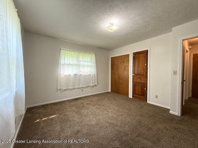 207 Wight St Unit 209, Elsie, MI 48831 - unfurnished bedroom featuring carpet, a textured ceiling, baseboards, and two closets