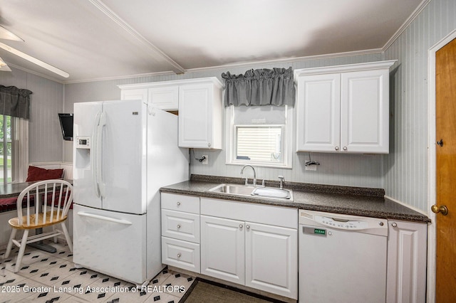 18762 Woodland St, Harper Woods, MI 48225 - kitchen featuring white appliances, a sink, healthy amount of natural light, crown molding, and dark countertops