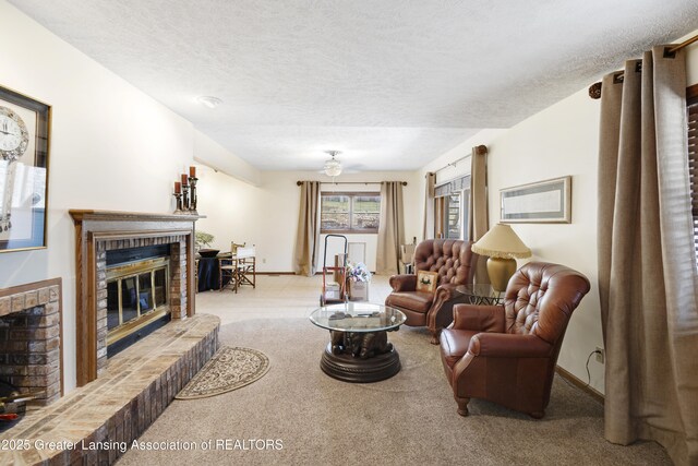 11781 W Herbison Rd, Eagle, MI 48822 - carpeted living area featuring a fireplace, baseboards, and a textured ceiling