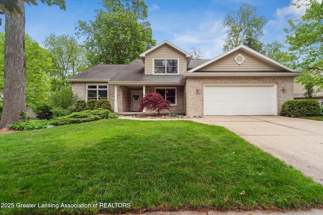 1058 Buckingham Rd, Haslett, MI 48840 - view of front of home featuring brick siding, a garage, concrete driveway, and a front lawn