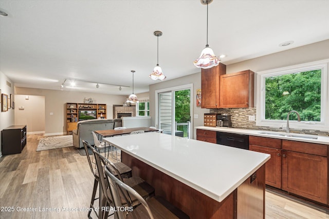1058 Buckingham Rd, Haslett, MI 48840 - kitchen with a sink, open floor plan, black dishwasher, light countertops, and light wood-style flooring