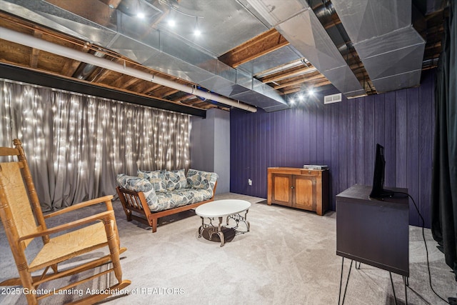 1058 Buckingham Rd, Haslett, MI 48840 - living area with carpet floors and wooden walls