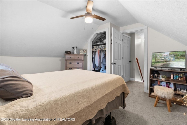 424 N Morrice Rd, Morrice, MI 48857 - bedroom featuring light colored carpet, lofted ceiling, a closet, a ceiling fan, and baseboards