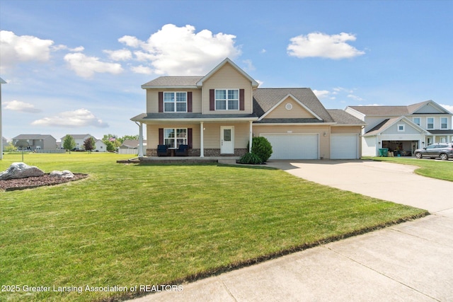 5619 Bittern Dr, Holt, MI 48842 - view of front facade with driveway, a garage, a porch, and a front lawn