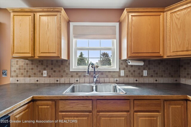 5619 Bittern Dr, Holt, MI 48842 - kitchen featuring a sink, dark countertops, and backsplash