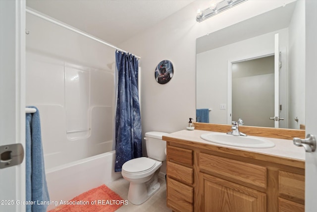 5619 Bittern Dr, Holt, MI 48842 - full bathroom featuring toilet, vanity, shower / bath combination with curtain, and tile patterned floors