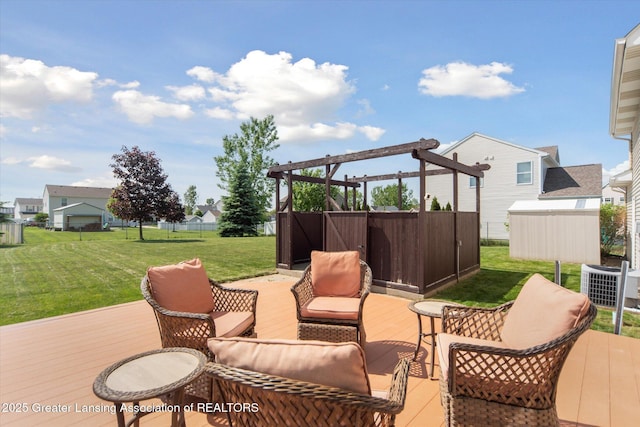 5619 Bittern Dr, Holt, MI 48842 - wooden terrace with an outdoor living space, a lawn, and central air condition unit