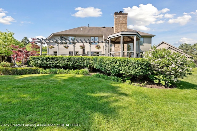 1209 Windale Pl, East Lansing, MI 48823 - rear view of property with a pergola, a lawn, and a chimney