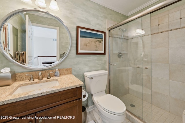 1209 Windale Pl, East Lansing, MI 48823 - bathroom featuring vanity, crown molding, a stall shower, and toilet