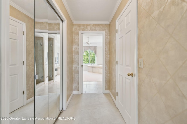 1209 Windale Pl, East Lansing, MI 48823 - hall featuring crown molding, light carpet, and baseboards