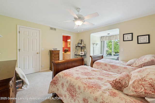 1209 Windale Pl, East Lansing, MI 48823 - bedroom featuring crown molding, light carpet, ceiling fan, and ensuite bathroom