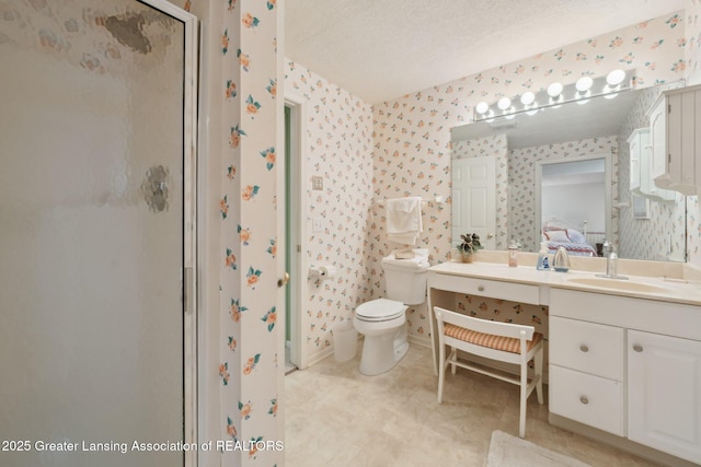 1209 Windale Pl, East Lansing, MI 48823 - ensuite bathroom featuring wallpapered walls, a stall shower, toilet, vanity, and a textured ceiling