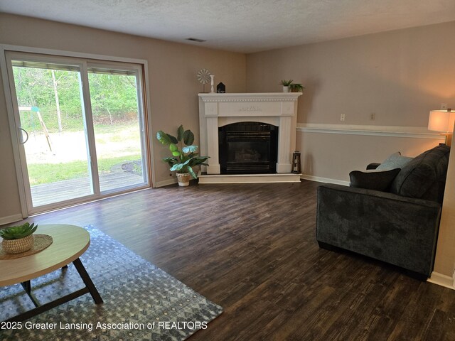 4423 Hyatt St, Eaton Rapids, MI 48827 - living room featuring dark wood-type flooring, a glass covered fireplace, baseboards, and a textured ceiling