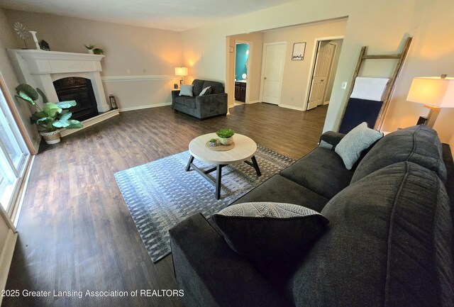4423 Hyatt St, Eaton Rapids, MI 48827 - living room with wood finished floors, baseboards, and a glass covered fireplace