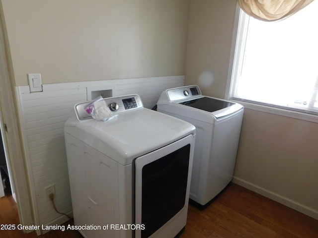 1305 May St, Lansing, MI 48906 - laundry area featuring separate washer and dryer, dark wood finished floors, and wainscoting