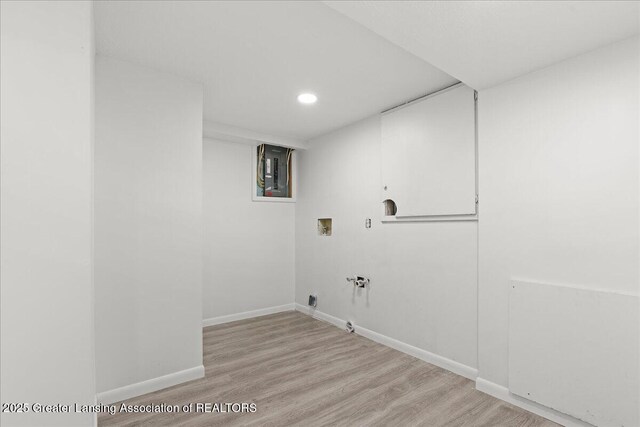 1424 Cedarhill Dr, East Lansing, MI 48823 - laundry room with hookup for a gas dryer, washer hookup, light wood-style floors, baseboards, and recessed lighting