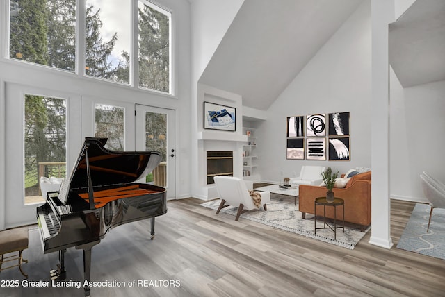 4003 Norfolk Ct, Lansing, MI 48910 - sitting room featuring high vaulted ceiling, healthy amount of natural light, wood finished floors, a fireplace with raised hearth, and built in features