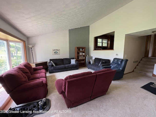 1064 W Shepherd St, Charlotte, MI 48813 - living area featuring lofted ceiling, a textured ceiling, and carpet floors