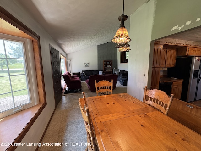 1064 W Shepherd St, Charlotte, MI 48813 - dining area with lofted ceiling, carpet, and a textured ceiling