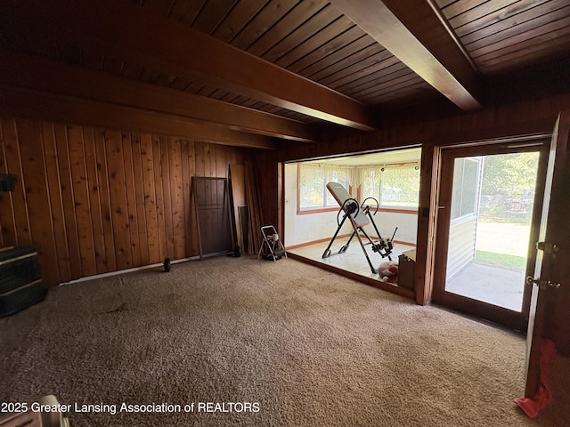 1064 W Shepherd St, Charlotte, MI 48813 - spare room with plenty of natural light, wood ceiling with exposed beams, wood walls, and carpet flooring
