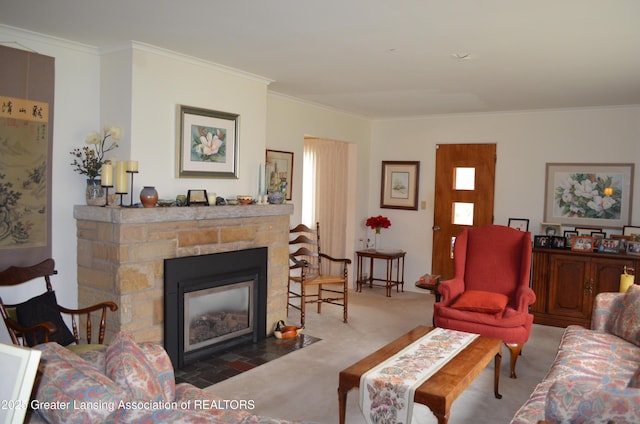408 Whitehills Dr, East Lansing, MI 48823 - carpeted living area with ornamental molding and a fireplace