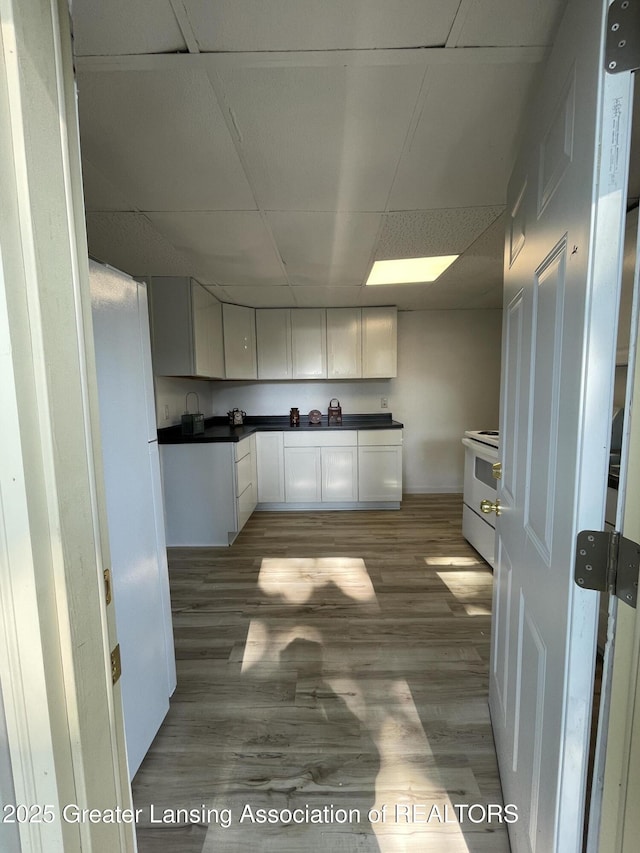 4208 Richmond St, Lansing, MI 48911 - kitchen with a drop ceiling, white appliances, dark countertops, light wood-style flooring, and white cabinets