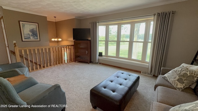 9216 S Grove Rd, Dewitt, MI 48820 - living room featuring a chandelier, carpet floors, ornamental molding, and baseboards