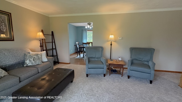 9216 S Grove Rd, Dewitt, MI 48820 - living room featuring carpet, crown molding, baseboards, and a ceiling fan