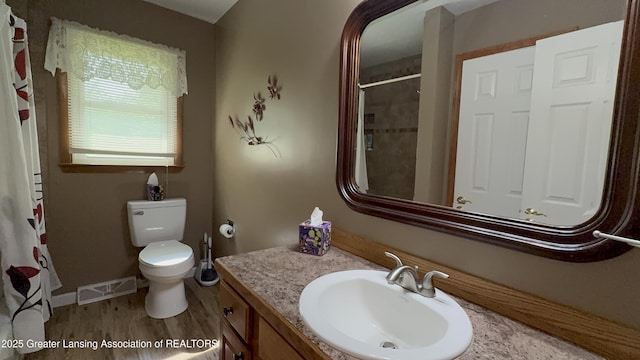 9216 S Grove Rd, Dewitt, MI 48820 - full bath featuring vanity, toilet, a shower with curtain, wood finished floors, and baseboards