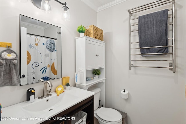 1098 Brookside Dr, Grand Ledge, MI 48837 - full bath with ornamental molding, vanity, toilet, and curtained shower