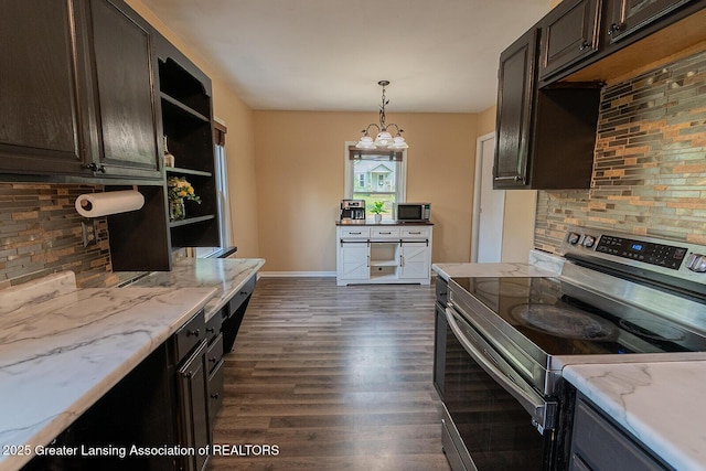 522 W Hodge Ave, Lansing, MI 48910 - kitchen with stainless steel appliances, open shelves, dark wood-style floors, dark brown cabinetry, and decorative backsplash