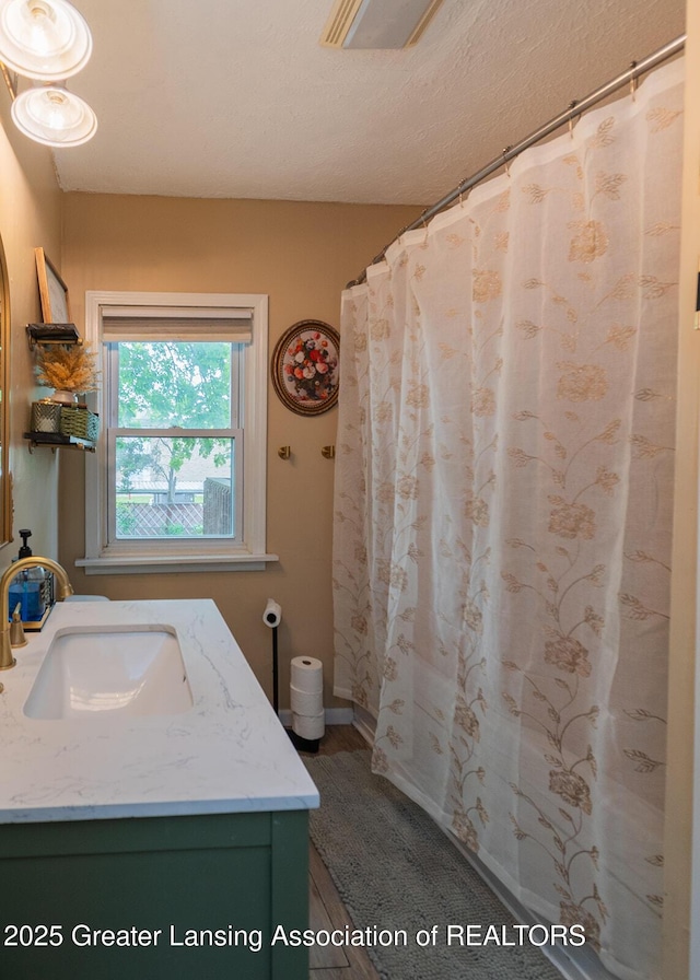 522 W Hodge Ave, Lansing, MI 48910 - full bathroom featuring vanity, wood finished floors, and a shower with shower curtain