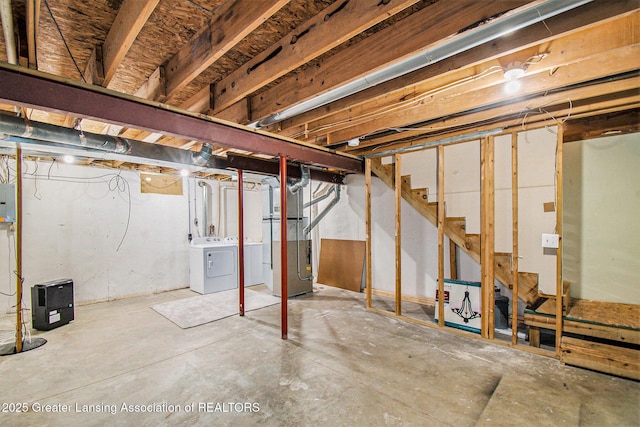 413 N Pennsylvania Ave, Lansing, MI 48912 - unfinished below grade area featuring washing machine and dryer, stairs, and heating unit