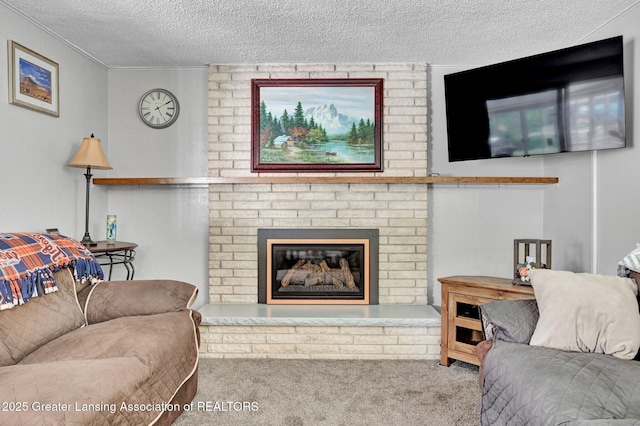 7713 Jon Scott Dr, Grand Ledge, MI 48837 - carpeted living room with a textured ceiling, a brick fireplace, and crown molding